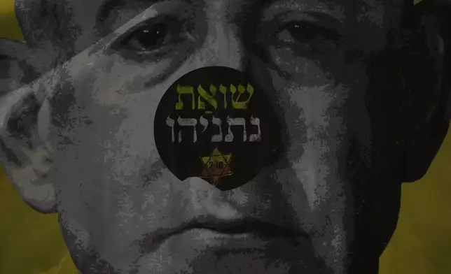 People take part in a protest demanding the immediate release of hostages held by Hamas in the Gaza Strip, in Tel Aviv, Israel, on Saturday, April 19, 2025. The poster says Netanyahu's holocaust. (AP Photo/Ariel Schalit)
