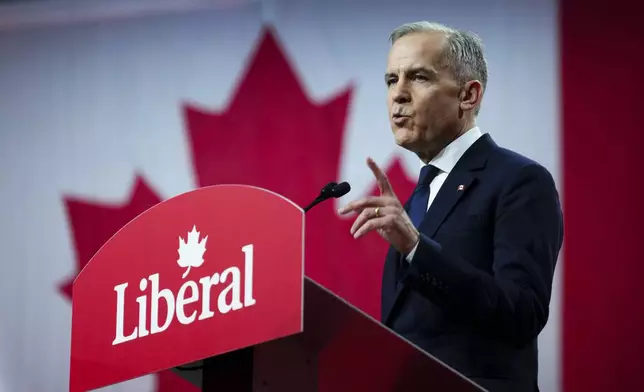 FILE - Liberal Party of Canada Leader Mark Carney delivers his speech after being announced as the winner of the party leadership in Ottawa, Ontario, March 9, 2025. (Sean Kilpatrick/The Canadian Press via AP, File)