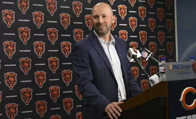 Breck Ackley, Chicago Bears director of college scouting, speaks during an NFL football news conference, Friday, April 25, 2025, in Lake Forest, Ill. (AP Photo/Matt Marton)