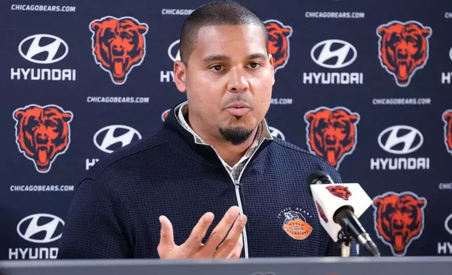 FILE - Chicago Bears general manager Ryan Poles talks to media during a news conference at Halas Hall in Lake Forest, Ill., March 12, 2025. (AP Photo/Nam Y. Huh, file)