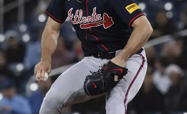 Atlanta Braves starting pitcher Spencer Strider (99) throws to a Toronto Blue Jays batter in first inning baseball action in Toronto on Wednesday, April 16, 2025. (Jon Blacker/The Canadian Press via AP)