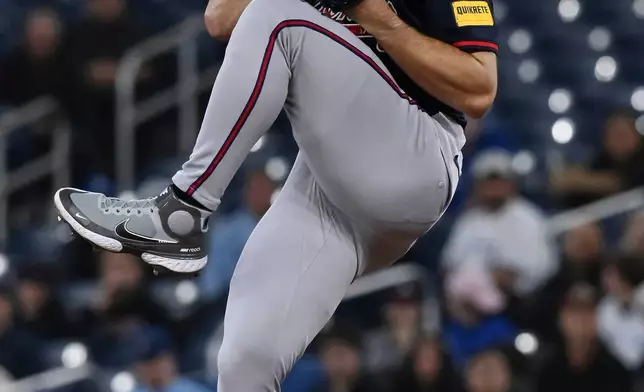 Atlanta Braves starting pitcher Spencer Strider (99) throws to a Toronto Blue Jays batter in the first inning of an interleague baseball game in Toronto, Wednesday, April 16, 2025. (Jon Blacker/The Canadian Press via AP)