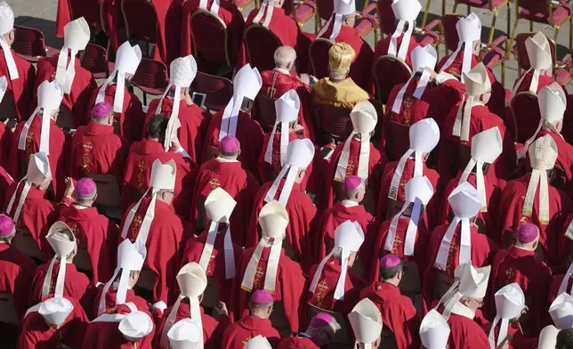 Clergy take their seats ahead of the funeral of Pope Francis in St. Peter's Square at the Vatican, Saturday, April 26, 2025. (AP Photo/Markus Schreiber)