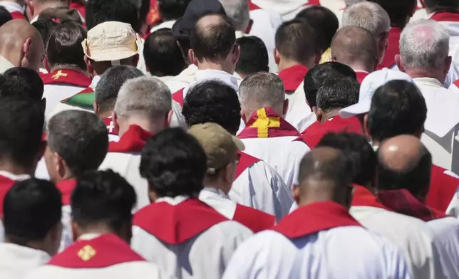 Priests attend the funeral of Pope Francis in St. Peter's Square at the Vatican, Saturday, April 26, 2025. (AP Photo/Andrew Medichini)