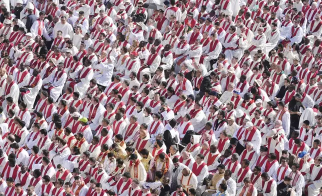 Clergy are seated for the funeral of Pope Francis in St. Peter's Square at the Vatican, Saturday, April 26, 2025. (AP Photo/Markus Schreiber)