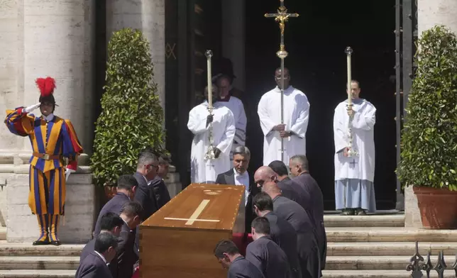 The coffin of Pope Francis arrives at St. Mary Major Basilica in Rome Saturday, April 26, 2025. (AP Photo/Francisco Seco)