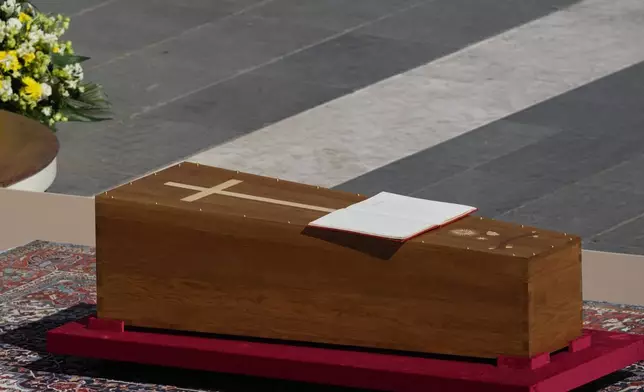The coffin of Pope Francis during his funeral in St. Peter's Square at the Vatican, Saturday, April 26, 2025. (AP Photo/Gregorio Borgia)