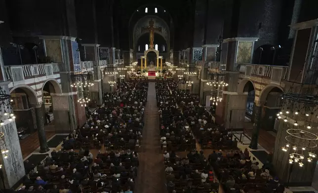The Cardinal Archbishop of Westminster Vincent Nichols speaks during a Requiem Mass for Pope Francis inside Westminster Cathedral, in London, Monday, April 21, 2025. (AP Photo/Alastair Grant)