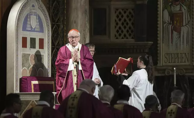 The Cardinal Archbishop of Westminster Vincent Nichols speaks during a Requiem Mass for Pope Francis inside Westminster Cathedral, in London, Monday, April 21, 2025. (AP Photo/Alastair Grant)