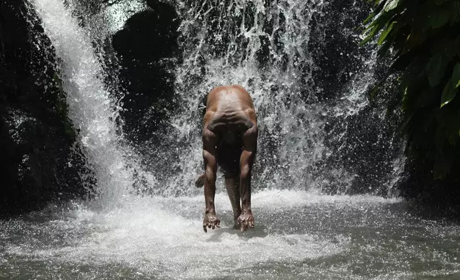 A penitent dives into water after washing his back that was bloodied with self flagellation on Good Friday in Kalayaan town, Laguna province, Philippines, April 18, 2025. (AP Photo/Aaron Favila)