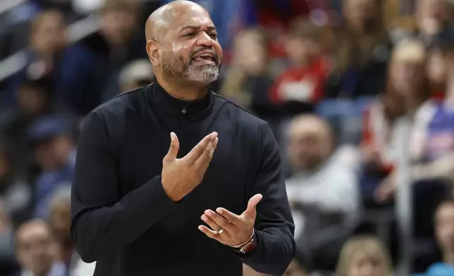 Detroit Pistons head coach J.B. Bickerstaff shouts at an official during the first half of an NBA basketball game against the New York Knicks, Thursday, April 10, 2025, in Detroit. (AP Photo/Duane Burleson)