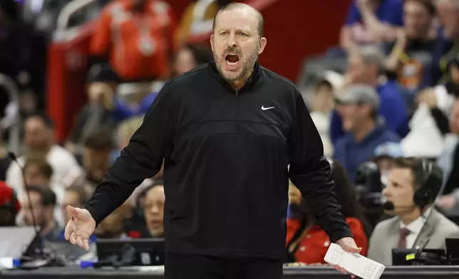 New York Knicks head coach Tom Thibodeau shouts at an official during the first half of an NBA basketball game against the Detroit Pistons, Thursday, April 10, 2025, in Detroit. (AP Photo/Duane Burleson)