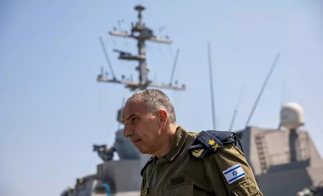 FILE -Vice Adm. Eli Sharvit arrives on board the Israeli Navy Ship Atzmaut in the Mediterranean Sea, Sept. 1, 2021. (AP Photo/Ariel Schalit, File)