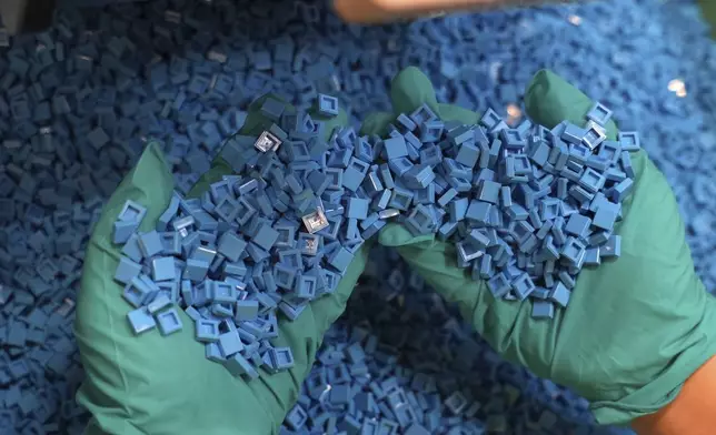 Lego bricks are held in a worker's hands for checking at Lego factory in Binh Duong, Vietnam Wednesday, April 2, 2025. (AP Photo/Hau Dinh)