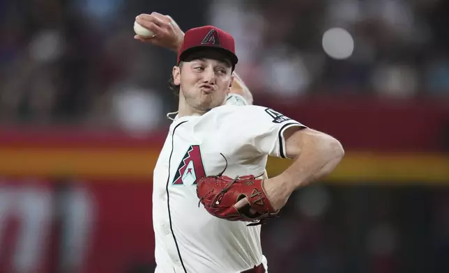 Arizona Diamondbacks starting pitcher Brandon Pfaadt throws against the Atlanta Braves during the first inning of a baseball game Sunday, April 27, 2025, in Phoenix. (AP Photo/Ross D. Franklin)