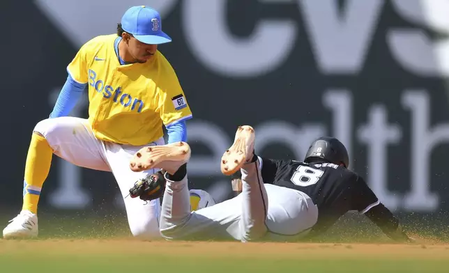 Chicago White Sox's Jacob Amaya, right, steals second base as Boston Red Sox shortstop David Hamilton, left, tries to tag him in the fifth inning of a baseball game, Sunday, April 20, 2025, in Boston. (AP Photo/Steven Senne)