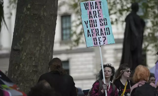 Campaigners take part in a rally organised by trans rights groups, trade unions, and community organisations following the Supreme Court ruling on the definition of a woman in equalities law, at Parliament Square, central London, Saturday April 19, 2025. (AP Photo/Alastair Grant)