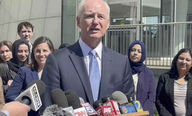 In this image taken from video, immigration lawyer Charles Kuck speaks to reporters outside a federal courthouse in Atlanta, on April 17, 2025. (AP Photo/Kate Brumback)