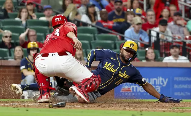 St. Louis Cardinals catcher Pedro Pagés, left, tags out Milwaukee Brewers' Jackson Chourio at home during the eighth inning of a baseball game Friday, April 25, 2025, in St. Louis. (AP Photo/Scott Kane)
