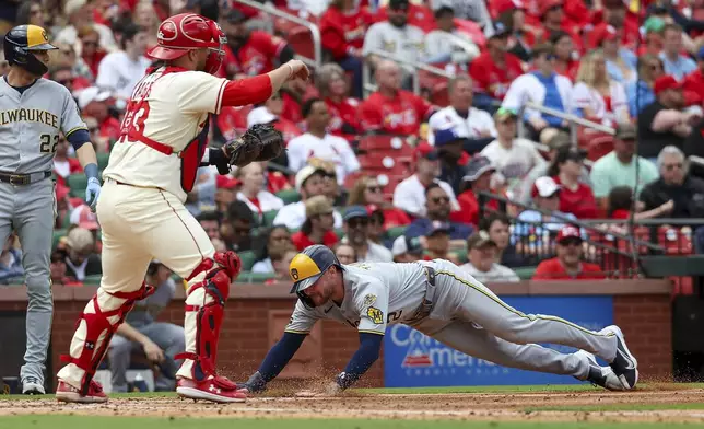 Milwaukee Brewers' Brice Turang, right, scores a run ahead of the throw to St. Louis Cardinals' Pedro Pagés during the fifth inning of a baseball game Saturday, April 26, 2025, in St. Louis. (AP Photo/Scott Kane)