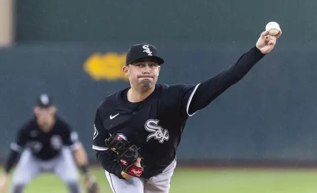 Chicago White Sox pitcher Brandon Eisert throws to the Athletics during the first inning of a baseball game Sunday, April 27, 2025, in West Sacramento, Calif. (AP Photo/Sara Nevis)