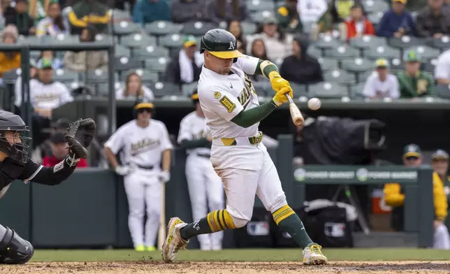 Athletics' Luis Urías (17) hits a walk-off home run during the 10th inning of a baseball game against the Chicago White Sox, Sunday, April 27, 2025, in West Sacramento, Calif. (AP Photo/Sara Nevis)