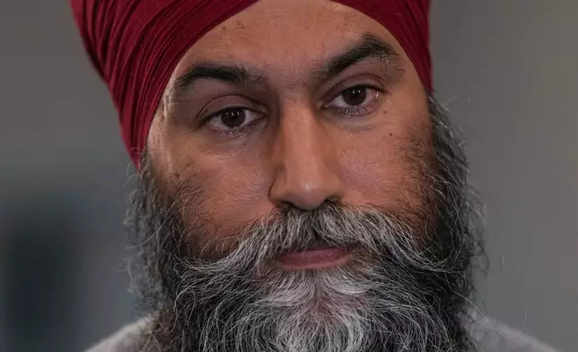 NDP Leader Jagmeet Singh gives a statement about deaths at a Vancouver Lapu Lapu Day festival, during a news conference in Burnaby, British Columbia, on Saturday, April 26, 2025. (Darryl Dyck/The Canadian Press via AP)