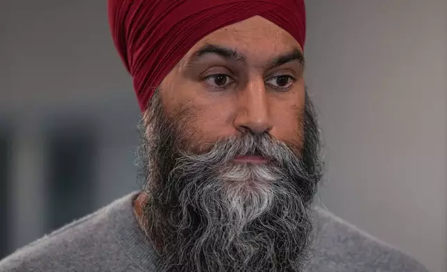 NDP Leader Jagmeet Singh pauses while giving a statement about deaths at a Vancouver Lapu Lapu Day festival, during a news conference in Burnaby, British Columbia, on Saturday, April 26, 2025. (Darryl Dyck/The Canadian Press via AP)