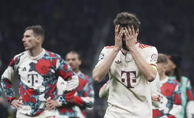 Bayern's Thomas Mueller reacts at the end of the Champions League quarterfinal second leg soccer match between Inter Milan and Bayern Munich at the San Siro stadium in Milan, Italy, Wednesday, April 16, 2025. (AP Photo/Antonio Calanni)