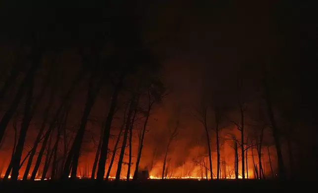 A fire burns on Tuesday, April 22, 2025, near Waretown, N.J. (AP Photo/Chris Szagola)