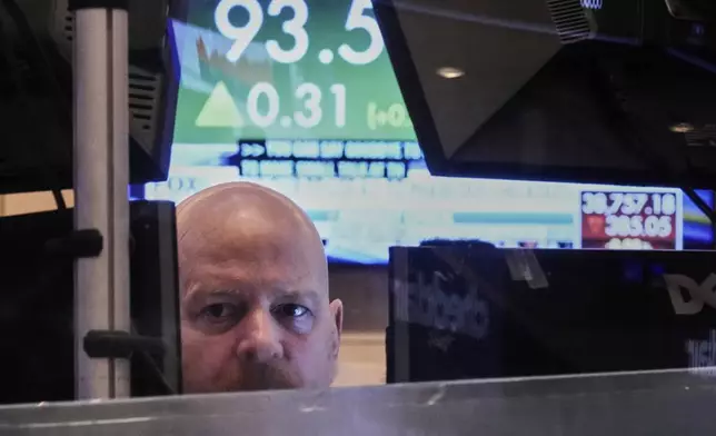 Trader Steven Gohl works on the floor of the New York Stock Exchange, Monday, April 21, 2025. (AP Photo/Richard Drew)