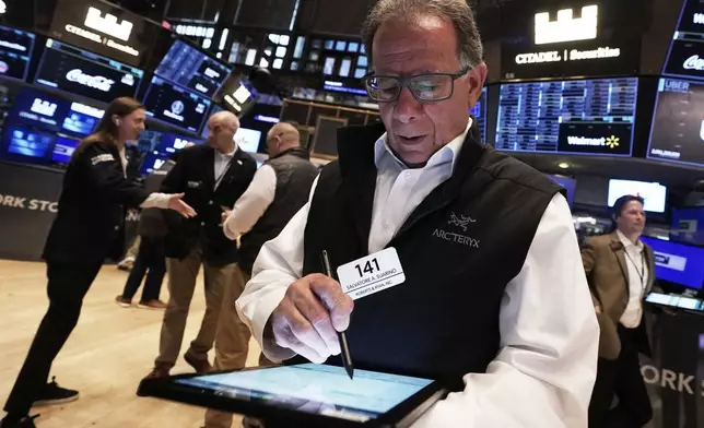 Trader Sal Suarino works on the floor of the New York Stock Exchange, Monday, April 21, 2025. (AP Photo/Richard Drew)