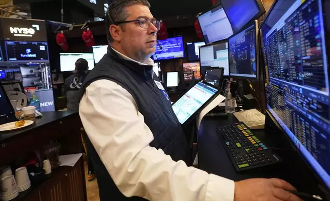 Trader Michael Capolino works on the floor of the New York Stock Exchange, Monday, April 21, 2025. (AP Photo/Richard Drew)
