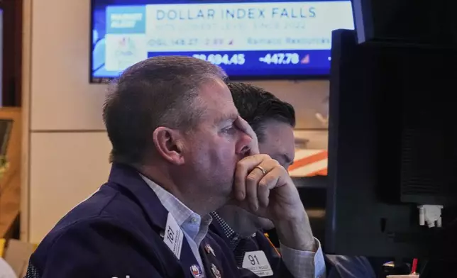 Trader Thomas McCauley works on the floor of the New York Stock Exchange, Monday, April 21, 2025. (AP Photo/Richard Drew)