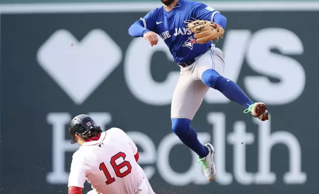 Toronto Blue Jays shortstop Bo Bichette, top, throws to first base over Boston Red Sox's Jarren Duran (16) to complete a double play in the third inning of a baseball game Thursday, April 10, 2025, in Boston. (AP Photo/Jim Davis)