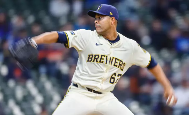 Milwaukee Brewers starting pitcher Jose Quintana throws against the Detroit Tigers during the fifth inning of a baseball game, Wednesday, April 16, 2025, in Milwaukee. (AP Photo/Jeffrey Phelps)