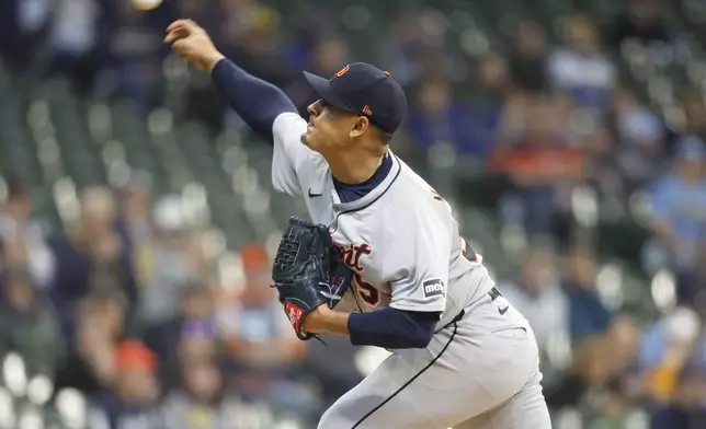 Detroit Tigers starting pitcher Keider Montero throws to the Milwaukee Brewers during the first inning of a baseball game, Wednesday, April 16, 2025, in Milwaukee. (AP Photo/Jeffrey Phelps)