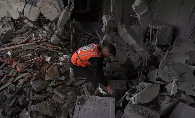 A Palestinian civil defense worker searches through the debris following an Israeli airstrike on a residential building in Gaza City, Thursday, April 24, 2025. (AP Photo/Jehad Alshrafi)