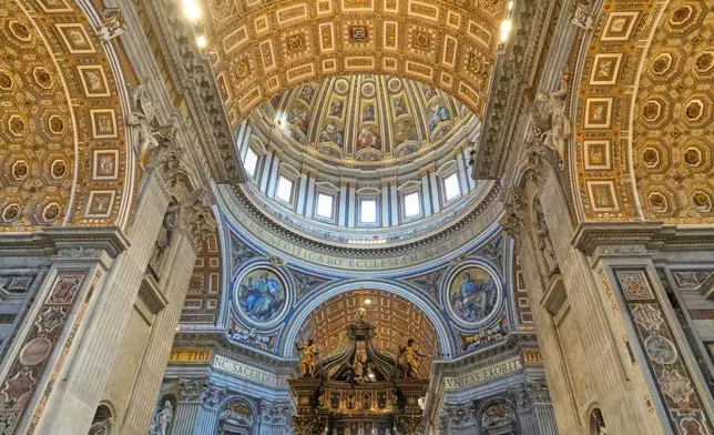 St. Peter's Basilica is pictured during a press tour to present the recent restoration of the funerary monuments of Popes Paul III and Urban VIII inside St. Peter's Basilica, and the lighting redevelopment of the Necropolis, the Archaeological Halls and the Vatican Grottoes, at the Vatican, Friday, April 11, 2025. (AP Photo/Gregorio Borgia)