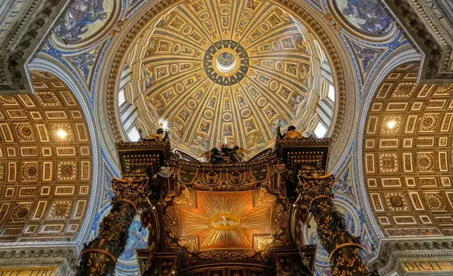 St. Peter's Basilica is pictured during a press tour to present the recent restoration of the funerary monuments of Popes Paul III and Urban VIII inside St. Peter's Basilica, and the lighting redevelopment of the Necropolis, the Archaeological Halls and the Vatican Grottoes, at the Vatican, Friday, April 11, 2025. (AP Photo/Gregorio Borgia)