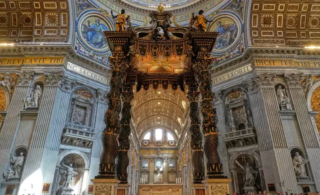 Peter's Basilica is pictured during a press tour to present the recent restoration of the funerary monuments of Popes Paul III and Urban VIII inside St. Peter's Basilica, and the lighting redevelopment of the Necropolis, the Archaeological Halls and the Vatican Grottoes, at the Vatican, Friday, April 11, 2025. (AP Photo/Gregorio Borgia)