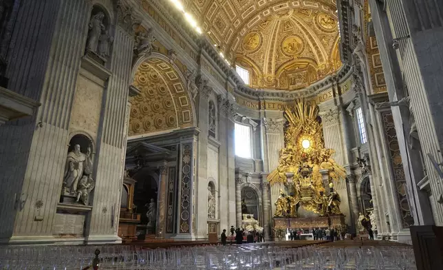 St. Peter's Basilica is pictured during a press tour to present the recent restoration of the funerary monuments of Popes Paul III and Urban VIII inside St. Peter's Basilica, and the lighting redevelopment of the Necropolis, the Archaeological Halls and the Vatican Grottoes, at the Vatican, Friday, April 11, 2025. (AP Photo/Gregorio Borgia)