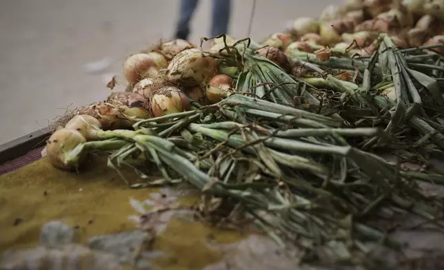 Green onions are displayed for sale at an outdoor food market in Khan Younis, in the southern Gaza Strip, Thursday, April 24, 2025. (AP Photo/Abdel Kareem Hana)