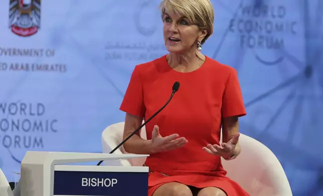 FILE - Australian Member of Parliament Julie Bishop talks at the opening panel of the World Economic Forum Global Future Council in Dubai, United Arab Emirates, on Nov. 11, 2018. (AP Photo/Kamran Jebreili, File)