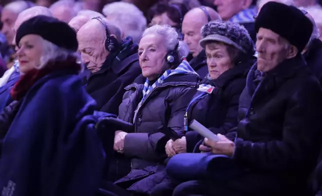 FILE — Holocaust survivors attend a ceremony at the Auschwitz-Birkenau Nazi death camp in Oswiecim, Poland, Jan. 27, 2020. (AP Photo/Markus Schreiber, File)