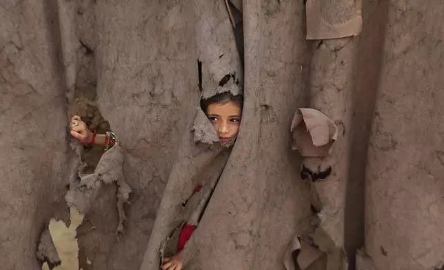An Afghan refugee girl peers through a torn curtain at the entrance of her home at Kababayan Refugee Camp in Peshawar, Pakistan, Tuesday, April 8, 2025. (AP Photo/Muhammad Sajjad)