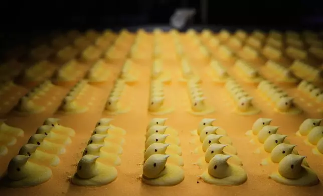 Peeps marshmallow treats move through the manufacturing process at the Just Born factory in Bethlehem, Pa., Thursday, April 10, 2025. (AP Photo/Matt Rourke)