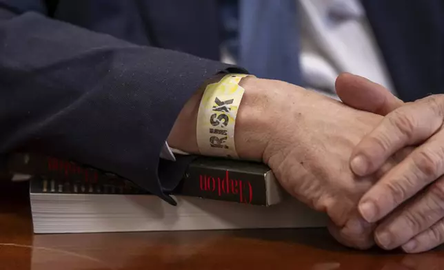 Harvey Weinstein appears in Manhattan Criminal Court, wearing a risk wristband, for the third day of jury selection in his retrial, Thursday, April 17, 2025 in New York. (AP Photo/Adam Gray, Pool)