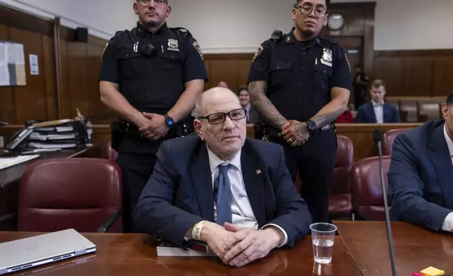 Harvey Weinstein appears in Manhattan Criminal Court for the third day of jury selection in his retrial, Thursday, April 17, 2025 in New York. (AP Photo/Adam Gray, Pool)