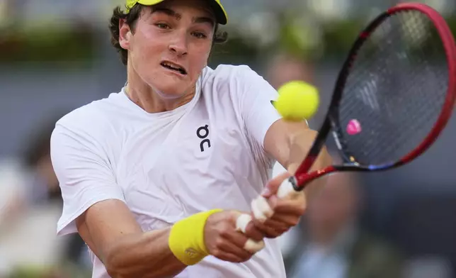 Joao Fonseca of Brazil returns the ball against Elmer Moeller of Denmark during the Madrid Open tennis tournament in Madrid, Spain, Thursday, April 24, 2025. (AP Photo/Manu Fernandez)